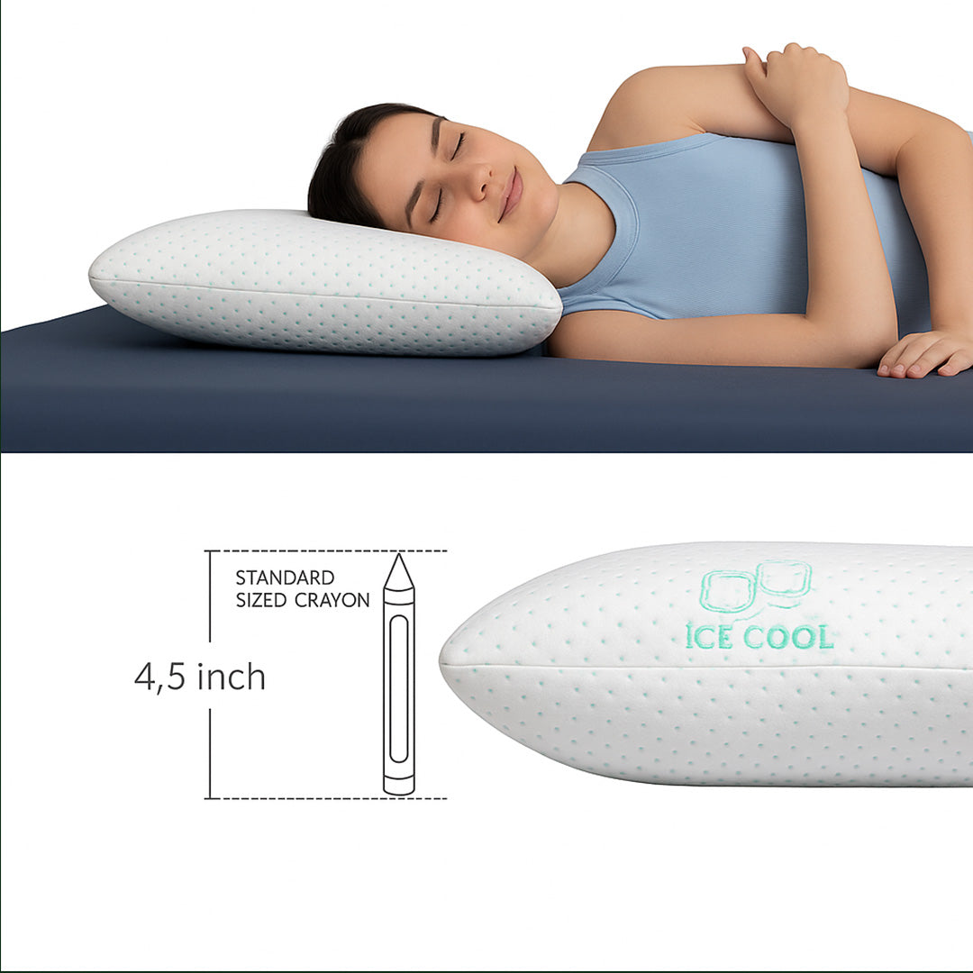 Woman lying on a bed with an ice cool pillow, showing its size compared to a crayon.