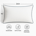 White pillow with dimensions and features on a white background
