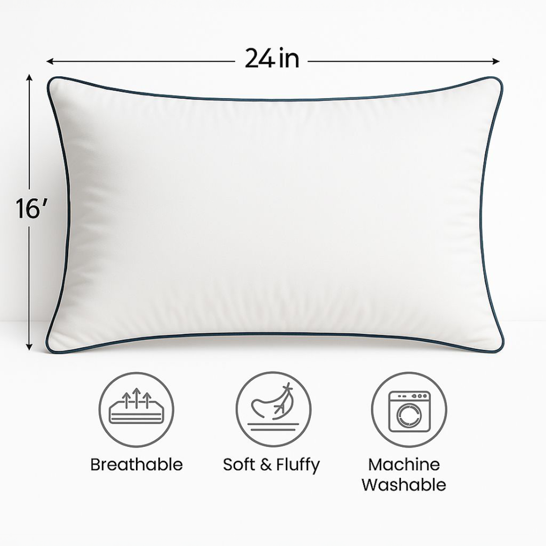 White pillow with dimensions and features on a white background