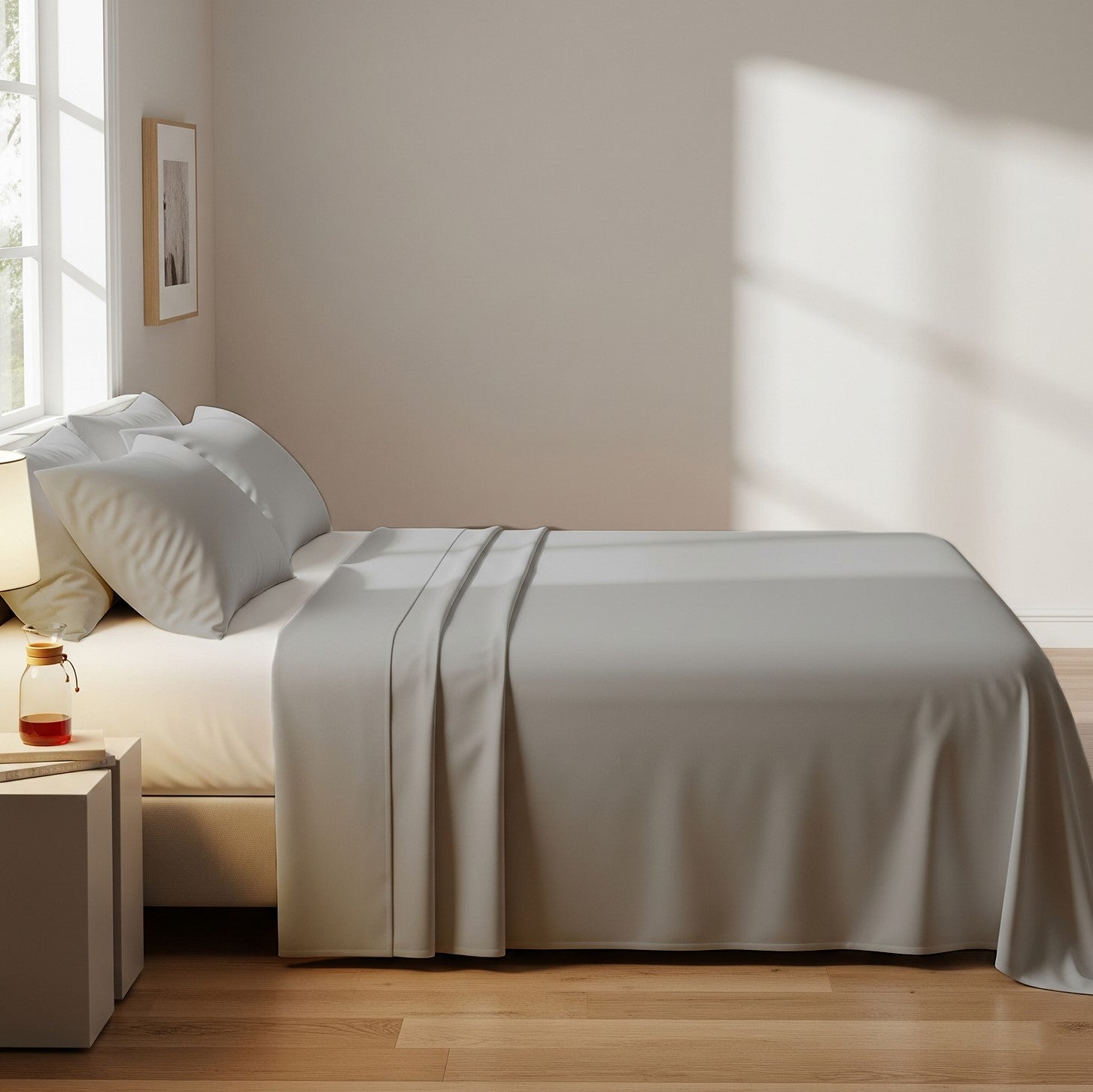 Silver Microfiber Flat Bedsheet With Two Pillow Cover – Fade-Resistant & All-Season Comfort