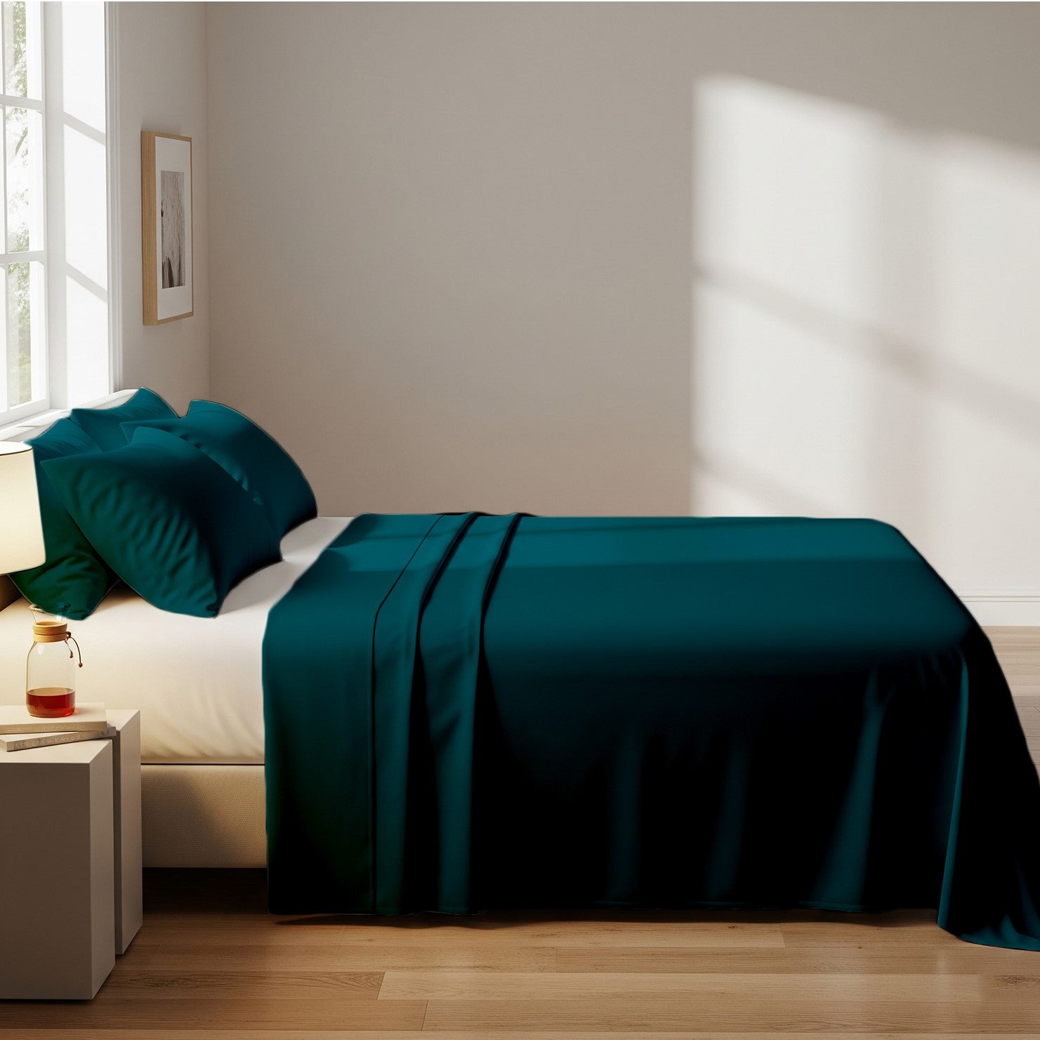 Teal Microfiber Flat Bedsheet With Two Pillow Cover – Fade-Resistant & All-Season Comfort