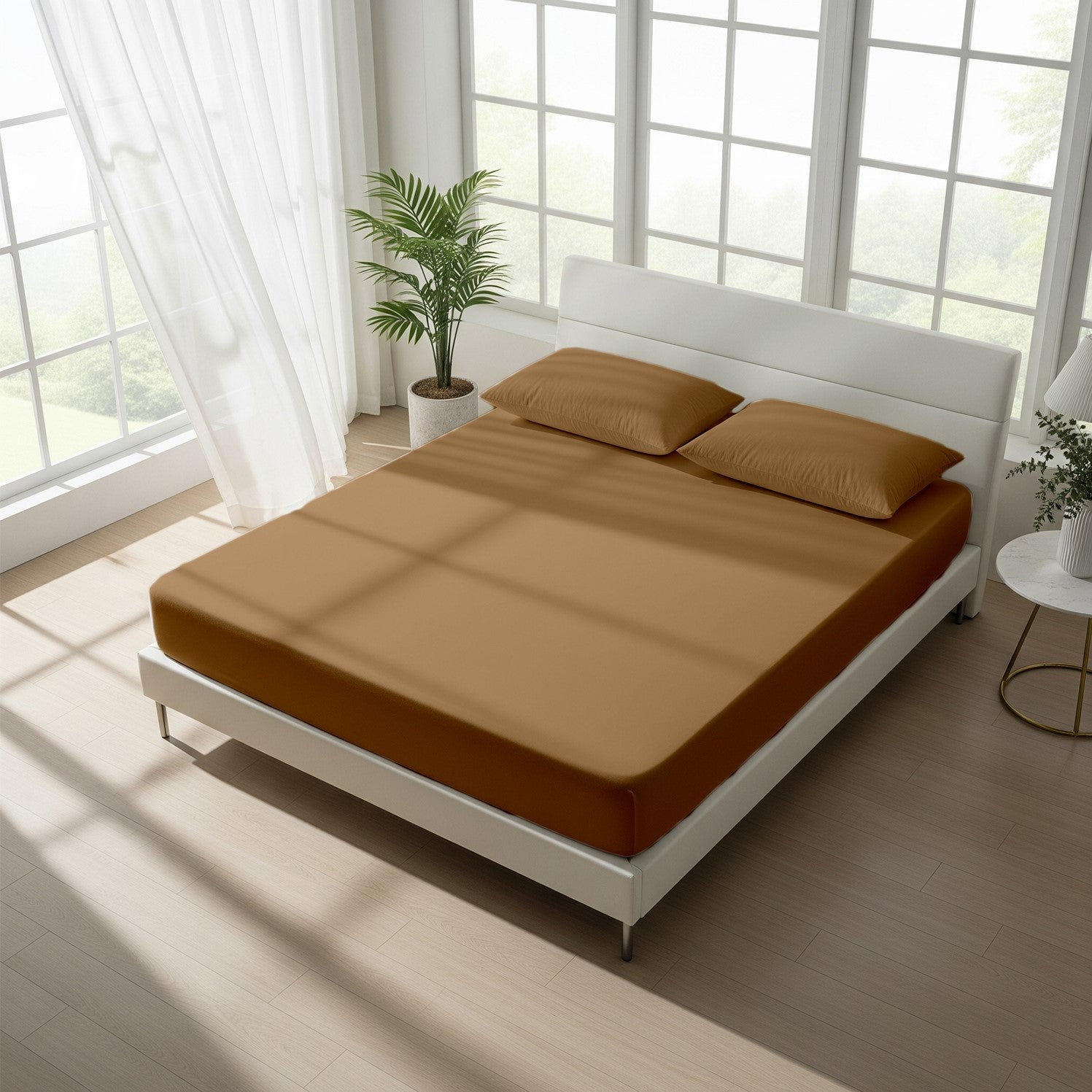 Beige Fitted Cotton Bedsheet With Two Pillow Cover  – Luxurious, Soft & Long-Lasting