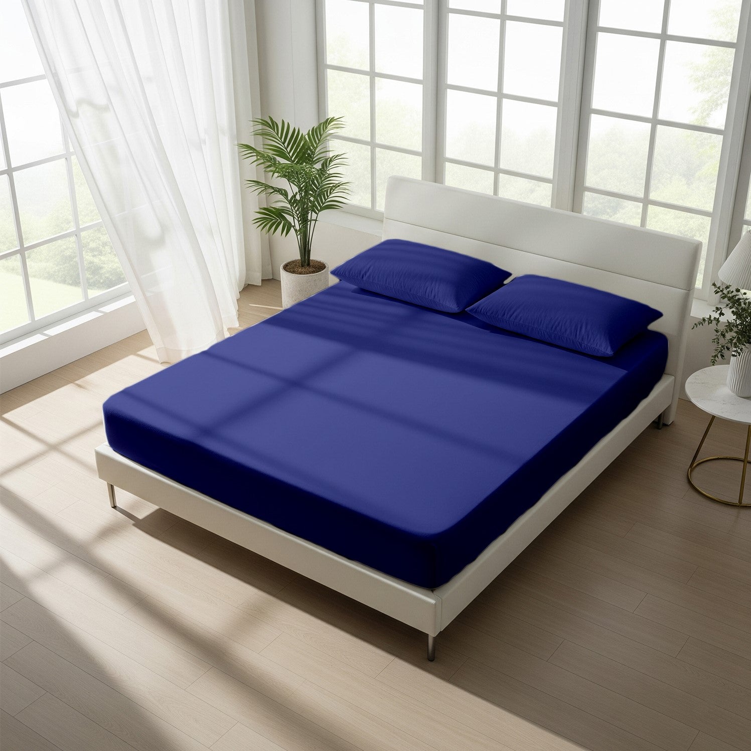 Medium Blue Fitted Cotton Bedsheet With Two Pillow Cover  – Luxurious, Soft & Long-Lasting