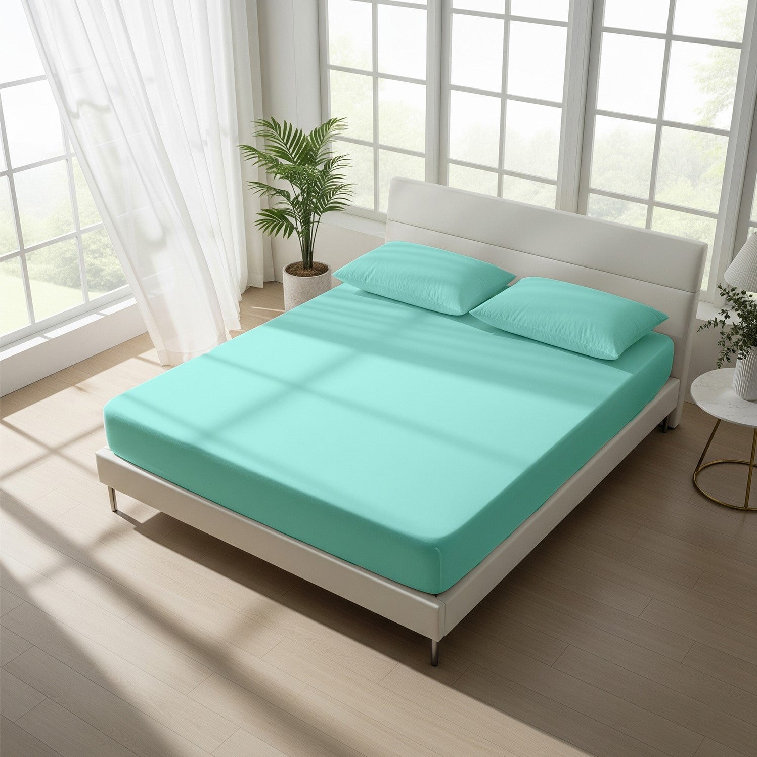 Aqua Blue Fitted Cotton Bedsheet With Two Pillow Cover  – Luxurious, Soft & Long-Lasting