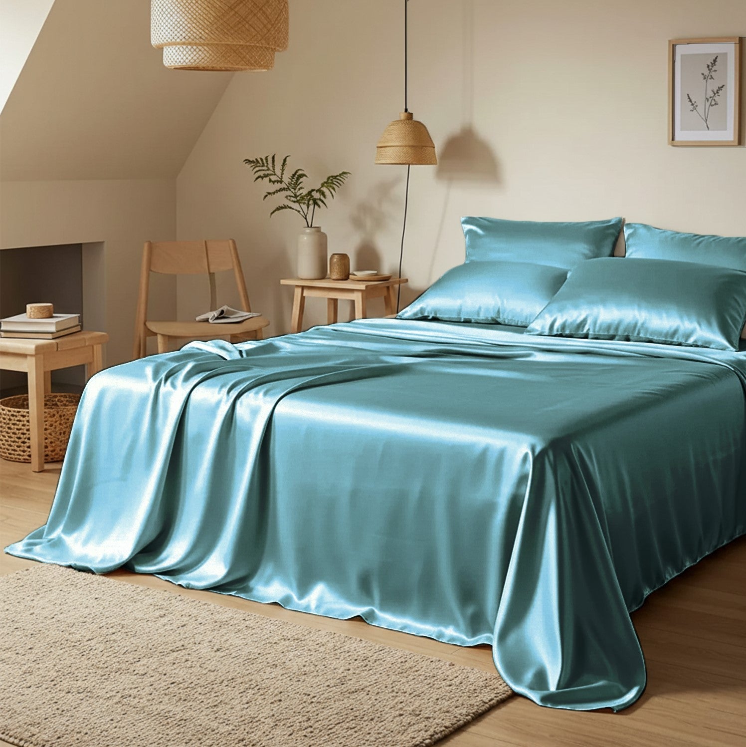 Dreamy Blue Satin Flatted Bedsheet – Smooth, Elegant & Comfortable