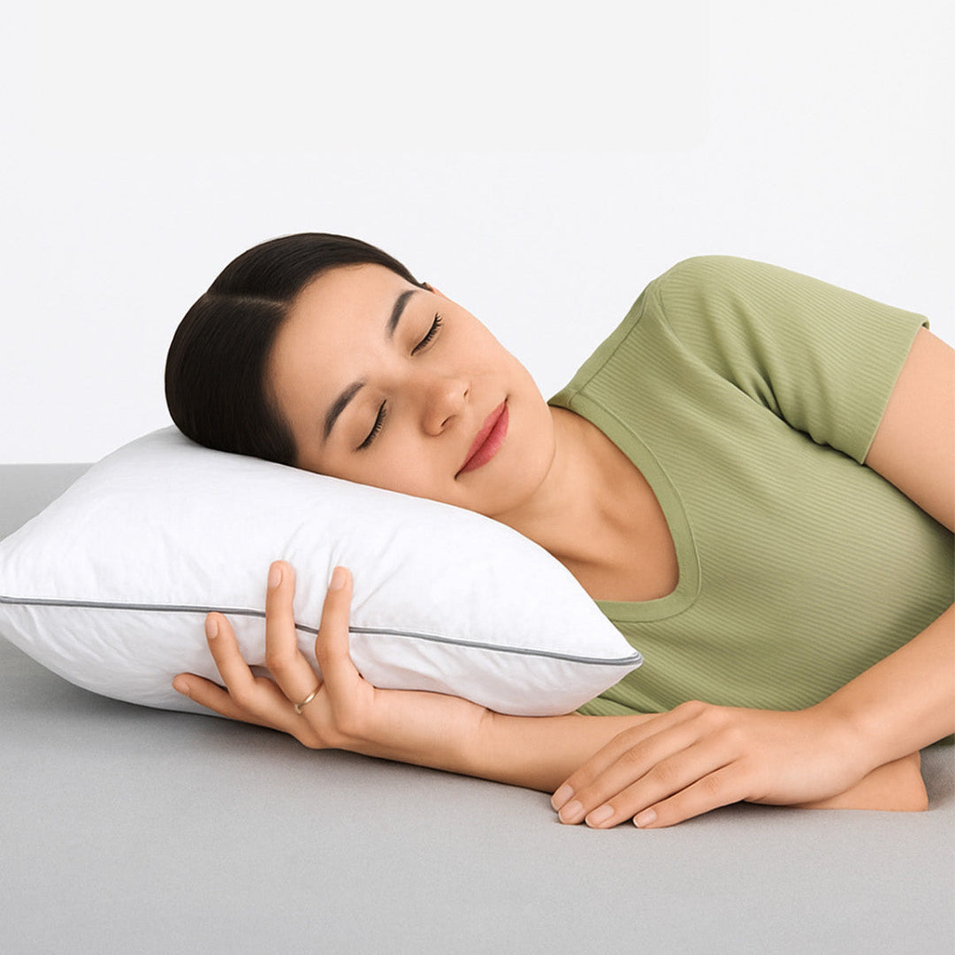 Woman sleeping on a pillow with Razzai logo in the corner