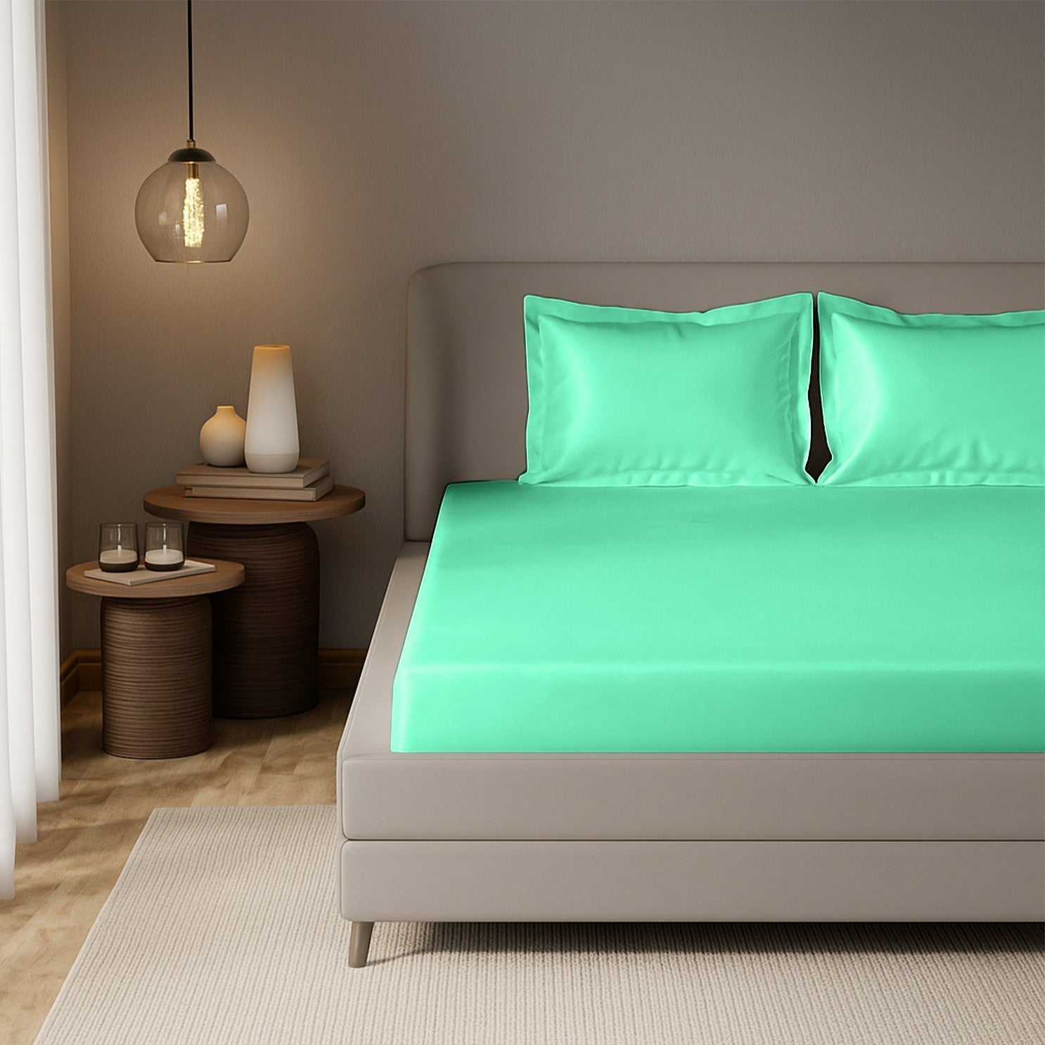 Aqua Green Satin Fitted Bedsheet With Pillow Cover