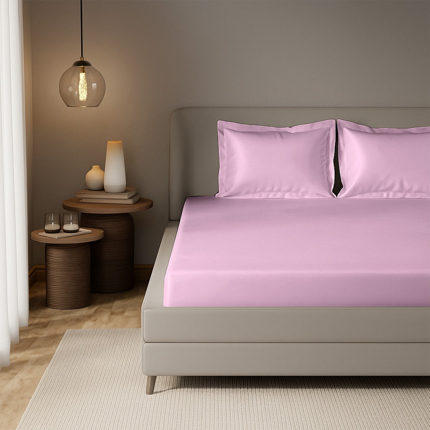 Baby Pink Satin Fitted Bedsheet With Pillow Cover