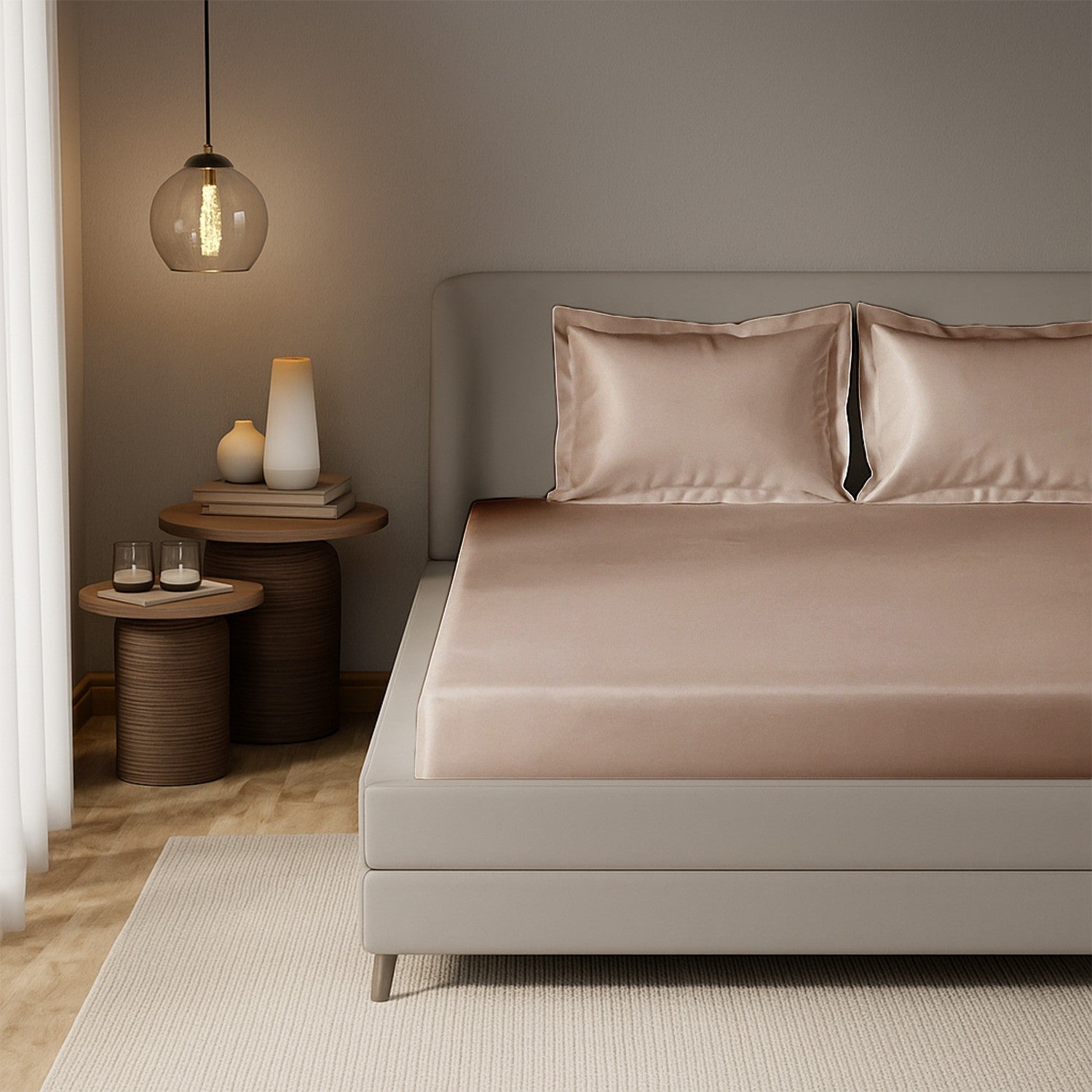 Bear Beige Satin Fitted Bedsheet With Pillow Cover