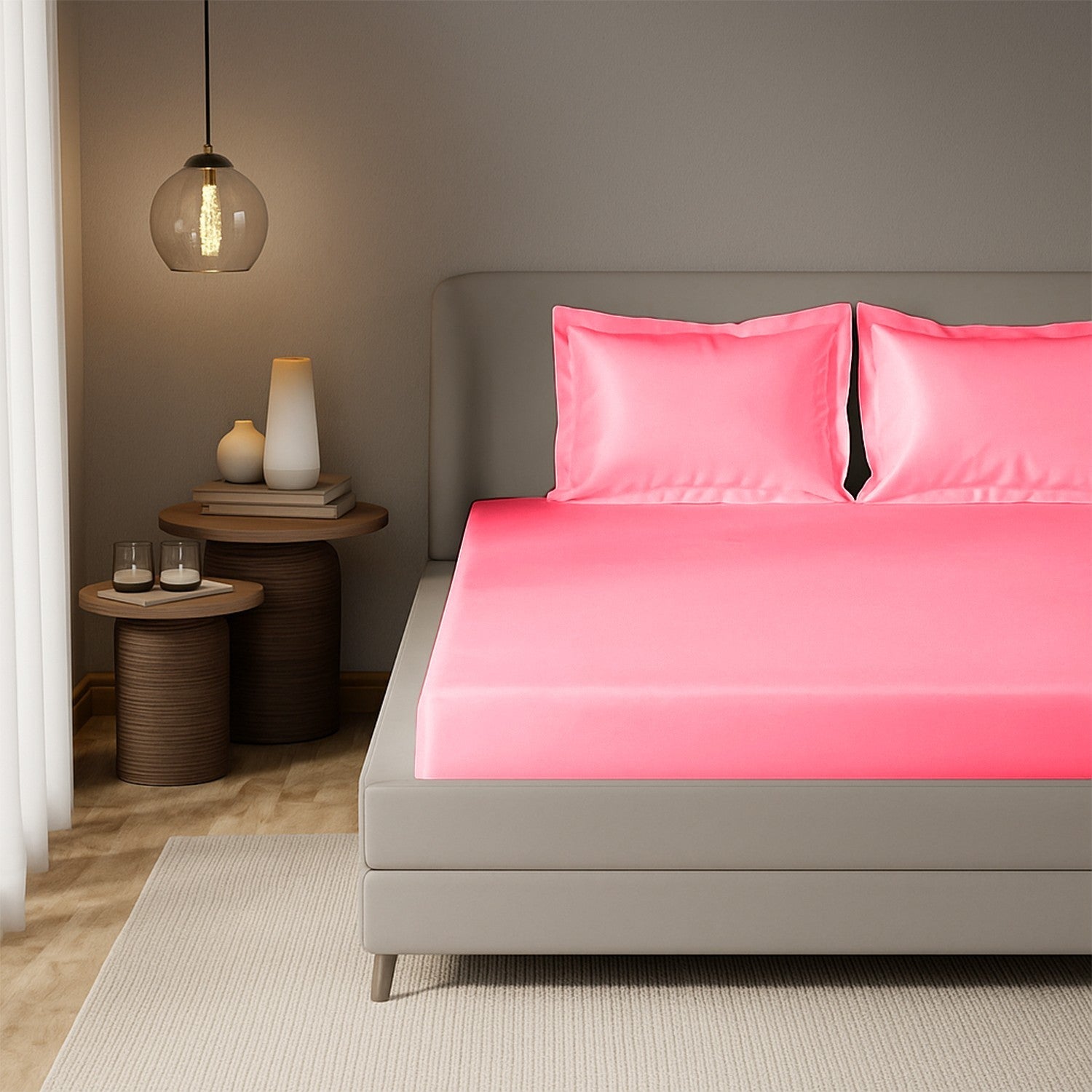 Coral Pink Satin Fitted Bedsheet With Pillow Cover