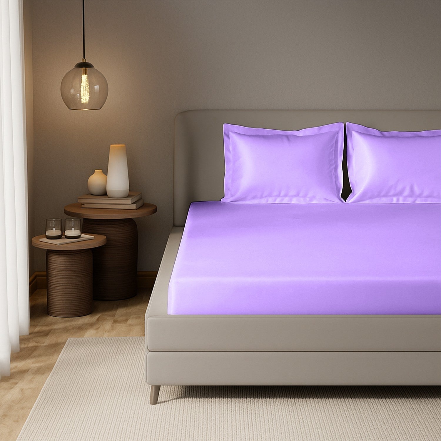 Lavender Satin Fitted Bedsheet With Pillow Cover