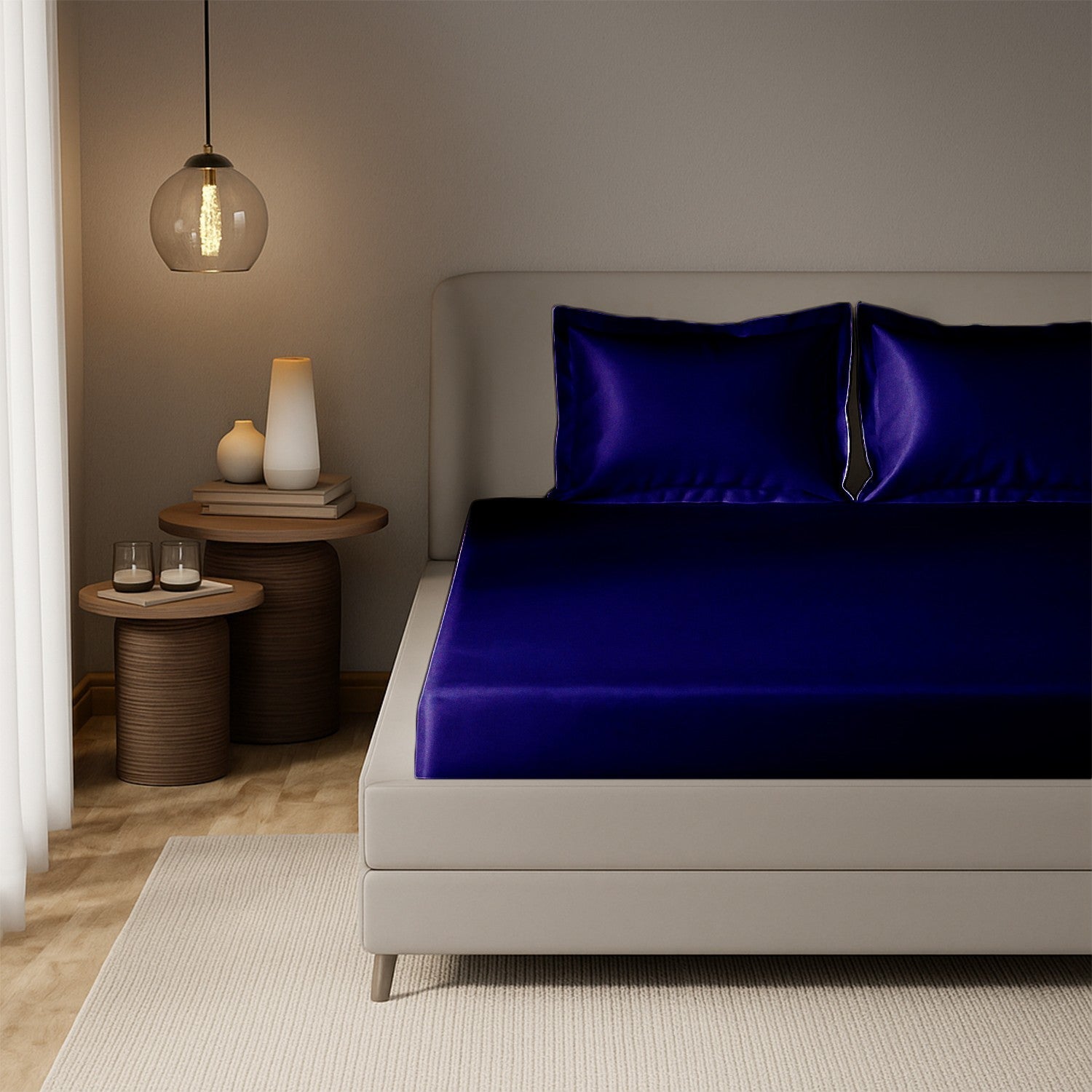 Navy Blue Satin Fitted Bedsheet With Pillow Cover