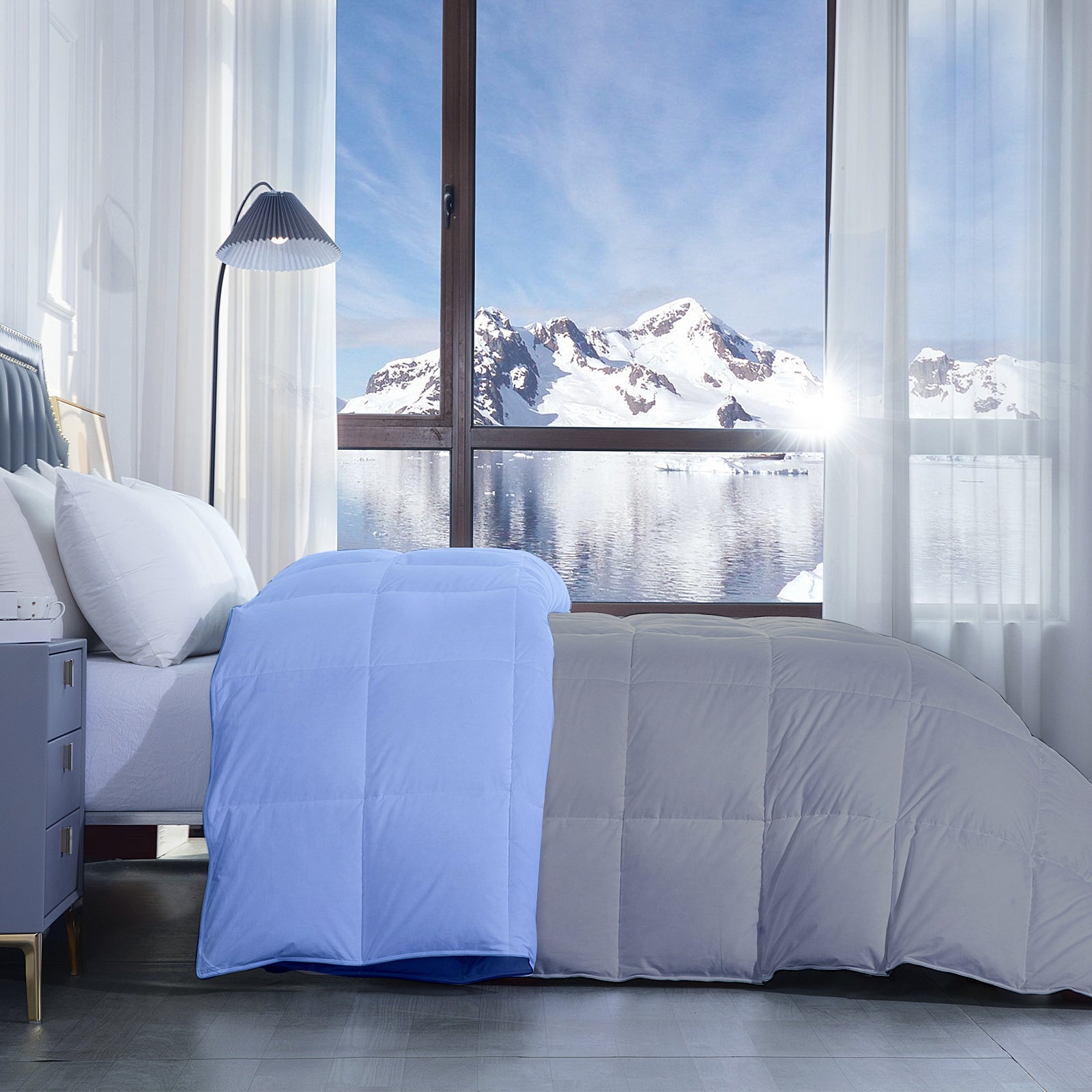 300 GSM All Weather Reversible Comforter |Silver/Sky Blue| Microfiber & Lightweight|